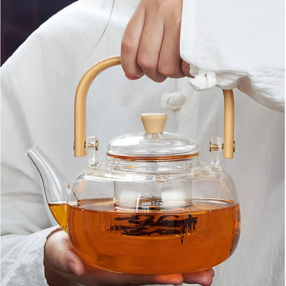 High Borosilicate Glass Chinese Tea Ceremony Clear Teapot with Filter Wood Handle