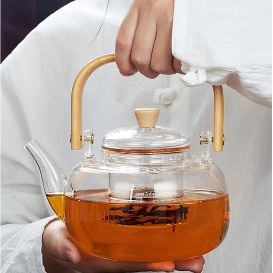High Borosilicate Glass Chinese Tea Ceremony Clear Teapot with Filter Wood Handle