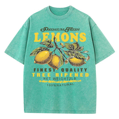 Camisetas lavadas de talla grande con estampado de limones frescos de primera calidad para mujer, camiseta holgada de manga corta cómoda Y2K de algodón que combina con todo