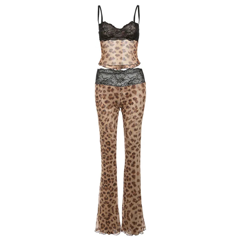 Conjunto de 2 piezas de malla transparente con estampado de leopardo y encaje.
