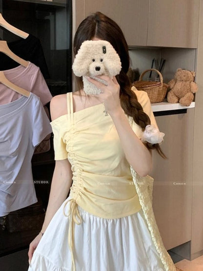 Sweet One Shoulder Drawstring Short Sleeve T Shirt