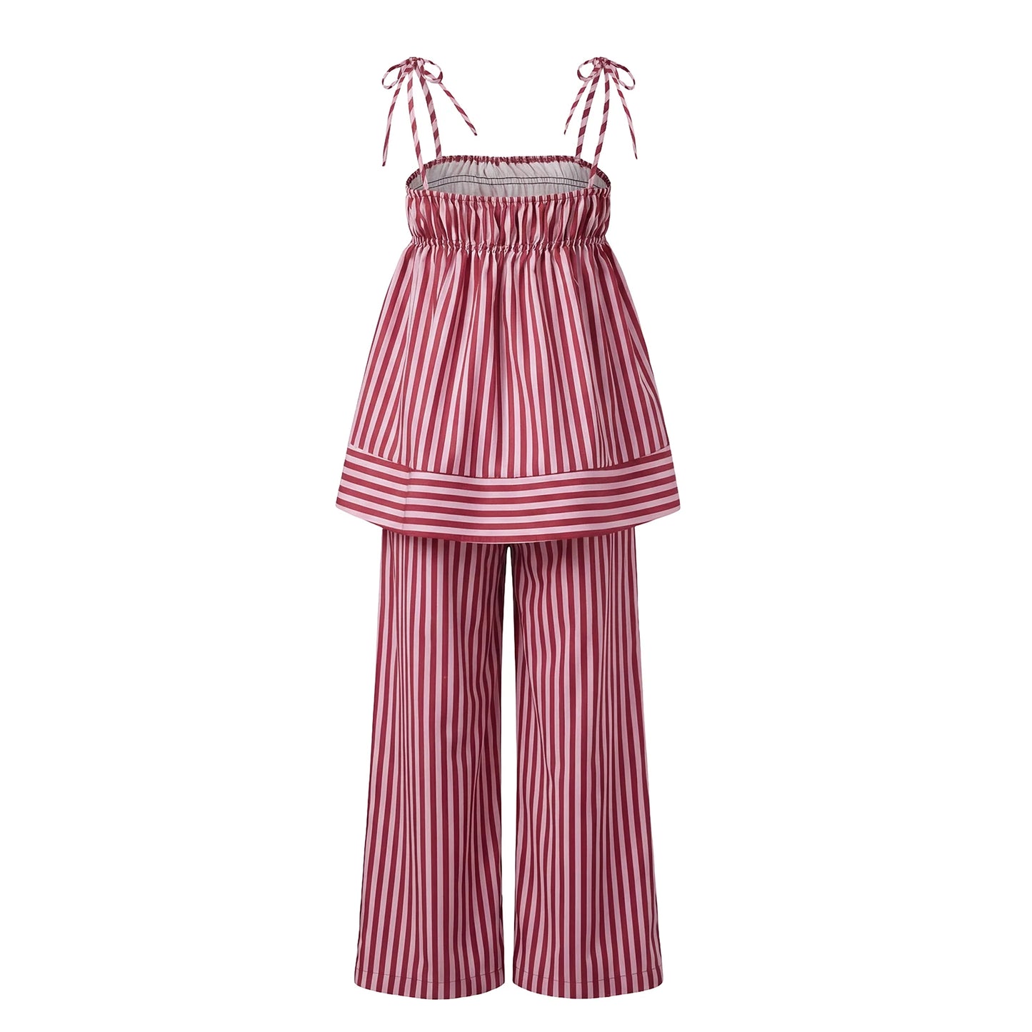 Conjunto de top de tirantes con volantes y rayas y pantalón recto