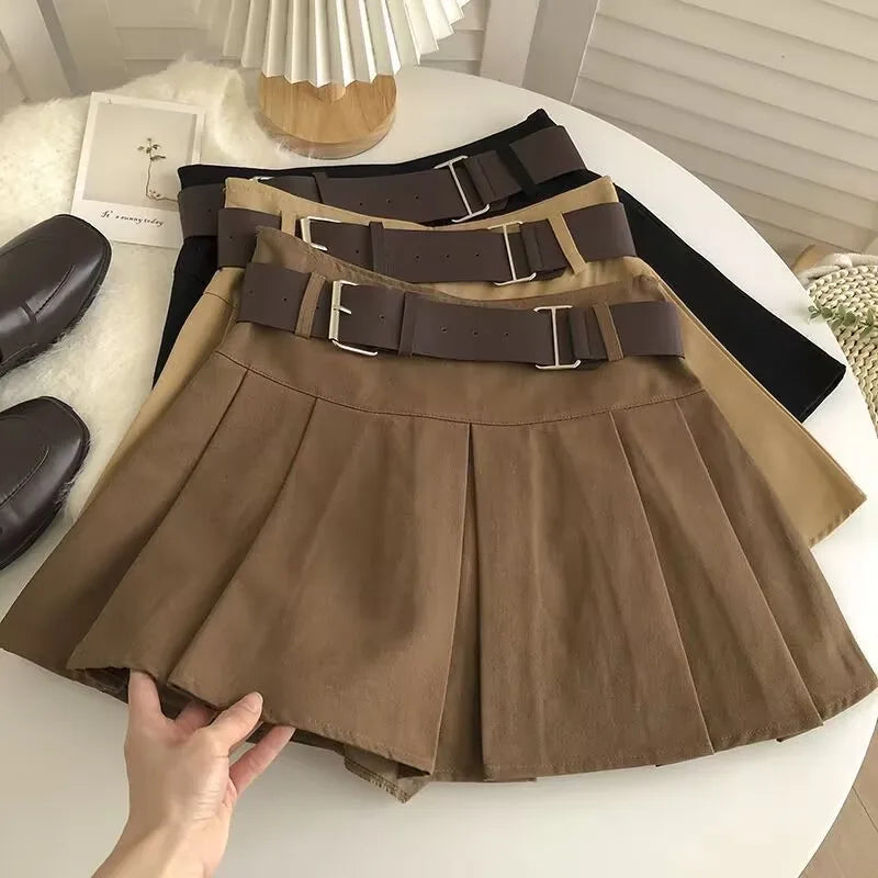 Faldas mini plisadas estilo Harajuku coreano para mujer, Lolita, lisas con cinturón, estilo preppy vintage, cintura alta, gótica, falda Y2k de verano