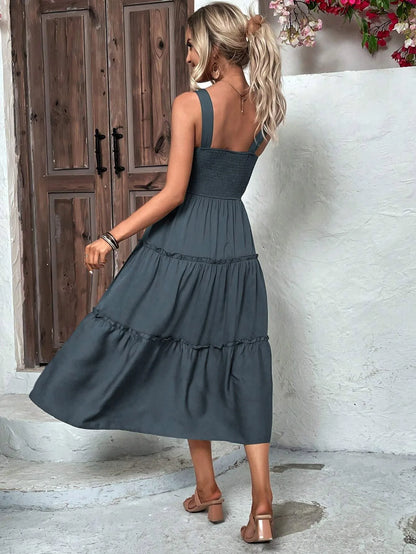 Ruched Bust Ruffle Hem Sleeveless Slip Dress