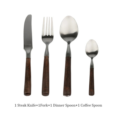 Retro Wooden Handle Dinner Knife Fork and Spoon Set