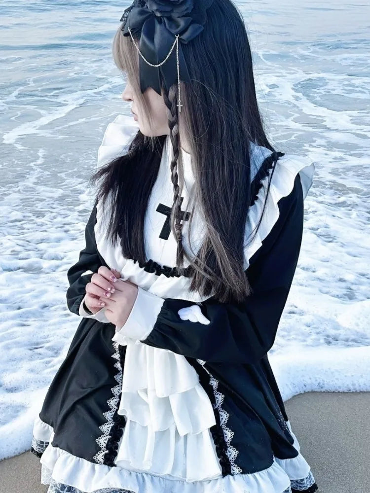 Vestido de hada con volantes, manga larga, dulce, Kawaii Lolita, de encaje, patchwork, estilo Y2k estético, de gala, color contrastante, túnica para mujer