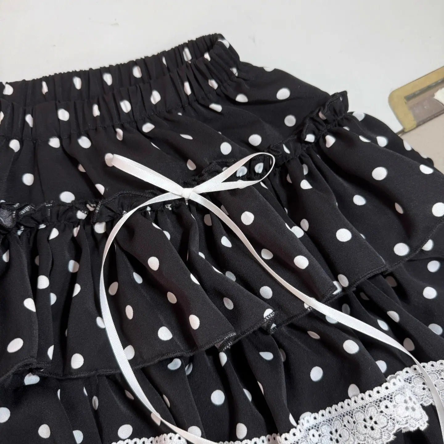 Polka Dot Tiered Ruffle Lace Trim Skirt