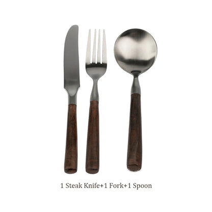 Retro Wooden Handle Dinner Knife Fork and Spoon Set