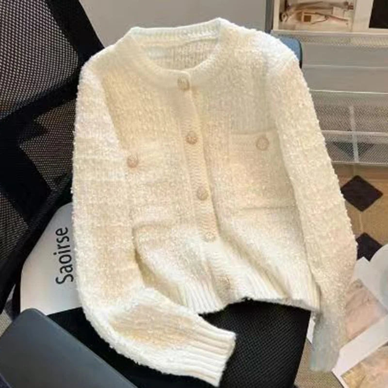 Cárdigan de punto grueso de manga larga para mujer, cuello redondo, un solo botón, Otoño-Invierno 2025, Moda Coreana