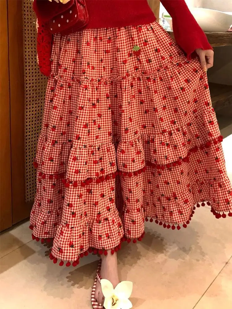Strawberry Ruffles Plaid Long Skirt