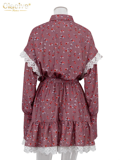 Clacive Vestido holgado con estampado para mujer, elegante vestido de oficina de manga larga con cordones, vestidos casuales con encaje fruncido para mujer