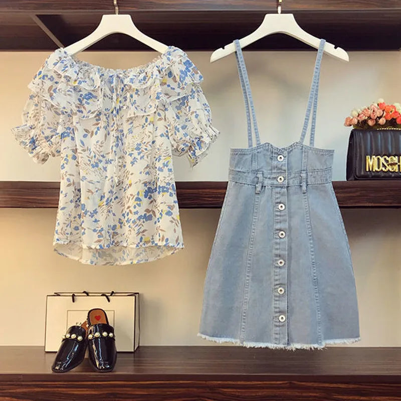 Conjunto de Vestido Vaquero con Tirantes y Camisa de Gasa