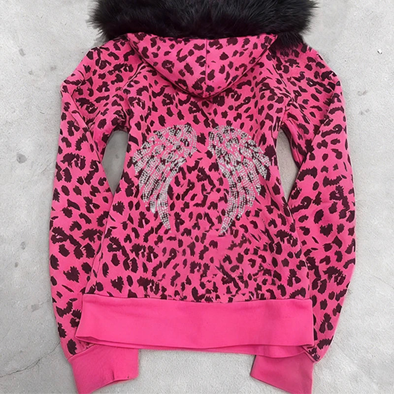 Sudadera con capucha de mujer con estampado de leopardo, cuello de piel, patrón de ala, cremallera, estilo urbano, tops Trash Punk Hip Hop Rock Retro Moda Casual Y2K