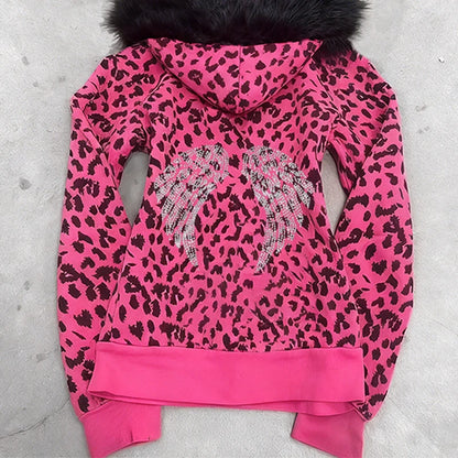 Sudadera con capucha de mujer con estampado de leopardo, cuello de piel, patrón de ala, cremallera, estilo urbano, tops Trash Punk Hip Hop Rock Retro Moda Casual Y2K