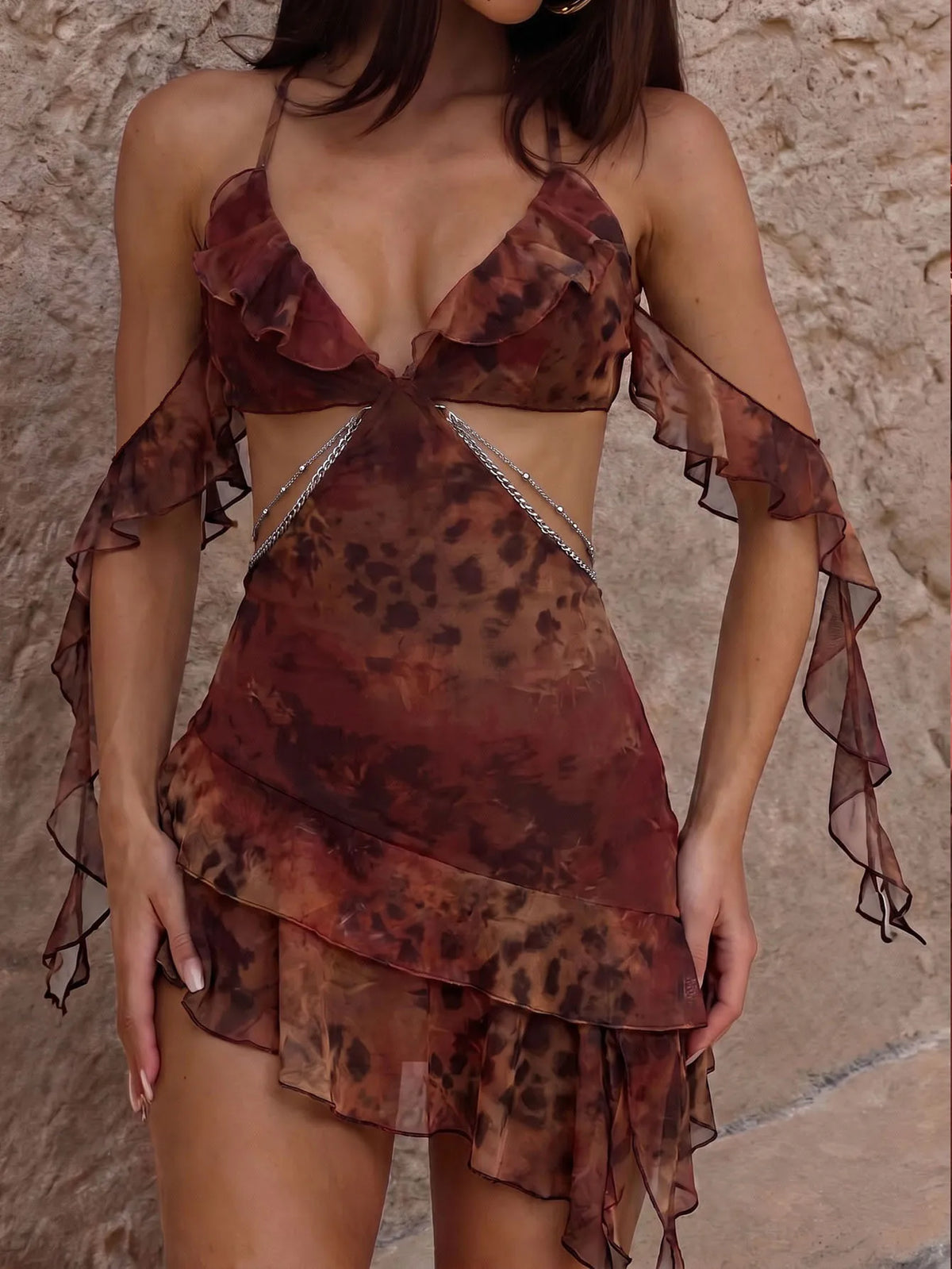 Printed Knitted Mesh Strap Lace Dress