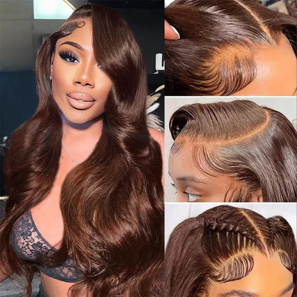 Peluca frontal de encaje ondulada con cuerpo, de cabello brasileño, chocolate.