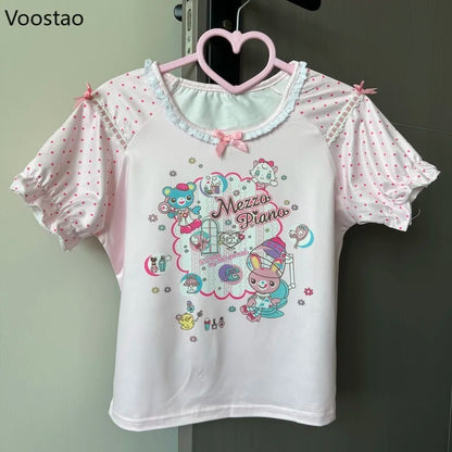 Cartoon Bunny Print Wave Point Short Sleeve Crop Top