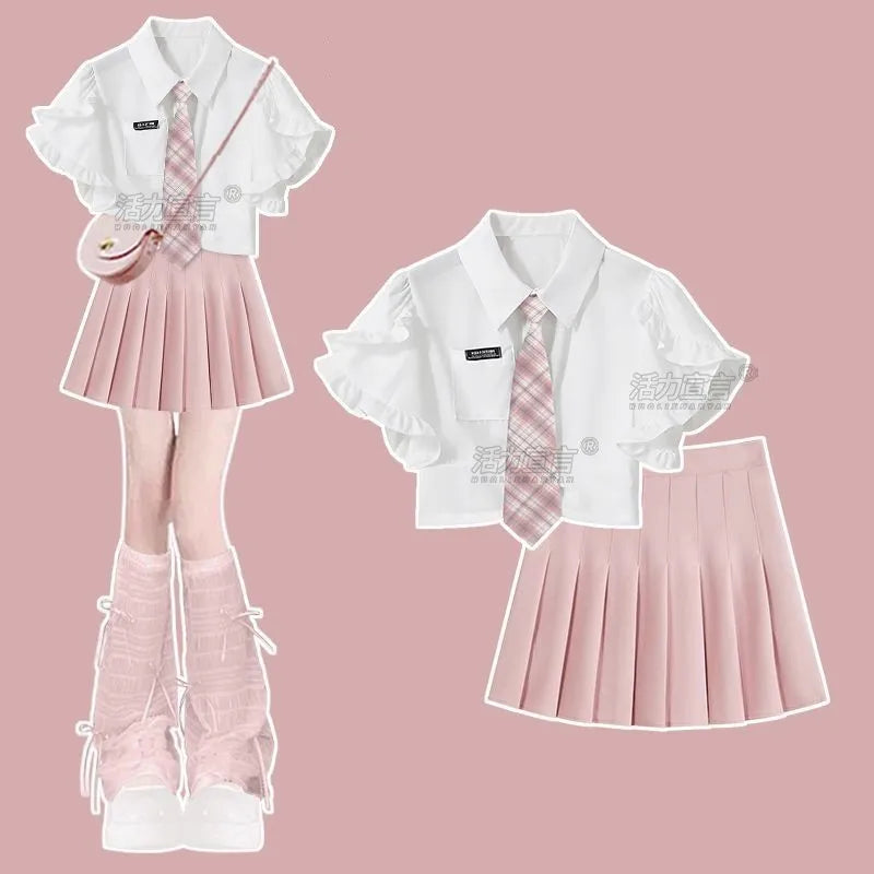 Chica 2026 Verano Nueva Moda En Vestido Conjunto A juego Dama Coreana Elegante Camisa de Manga Corta + Falda Plisada Corta Traje de Dos Piezas