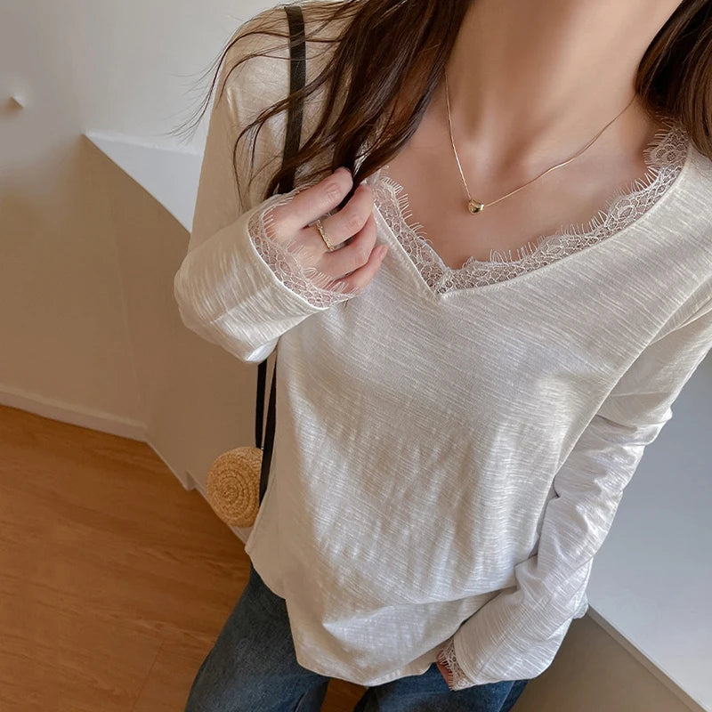 Camiseta Sexy de Encaje con Manga Larga para Mujer, Todo a Juego, Holgada, con Cuello en V, Jersey para Mujer, Primavera Otoño, Blusas Básicas de Color Sólido para Mujer