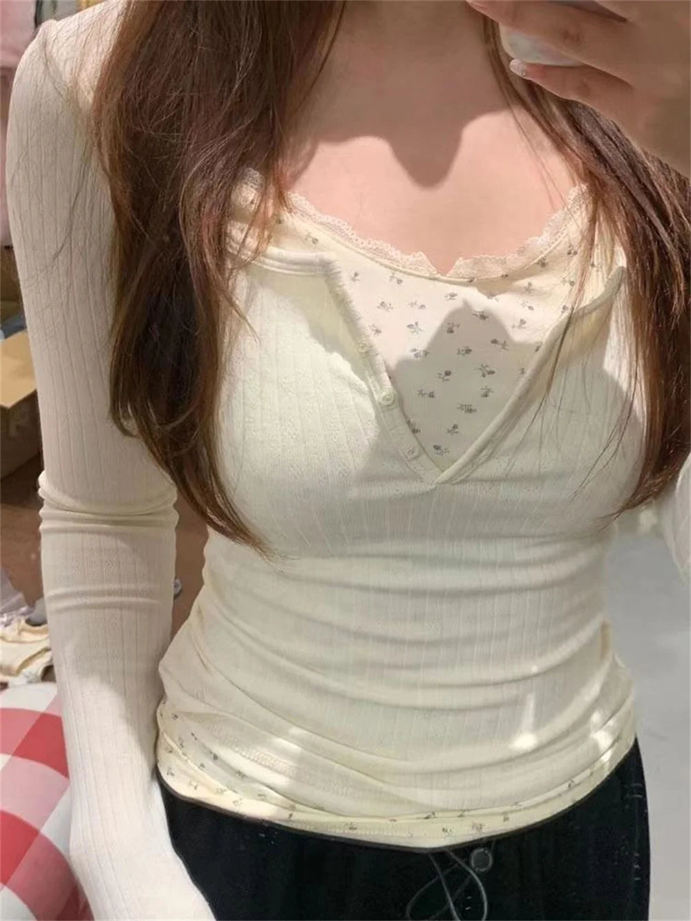 Lace Floral Fake Two Piece Long Sleeve T-shirts