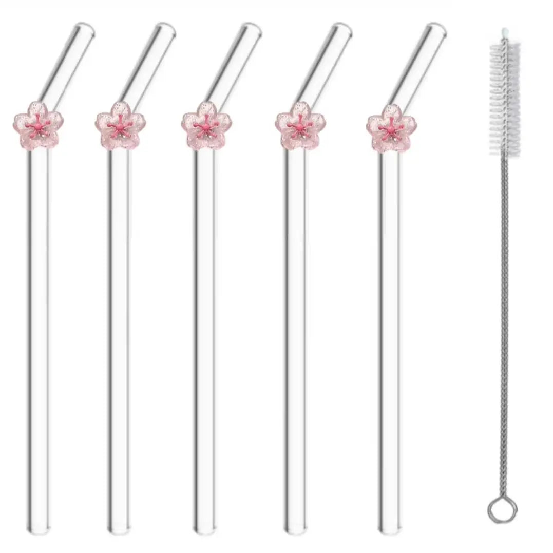 Pink Peach Blossom Curved Glass Straw