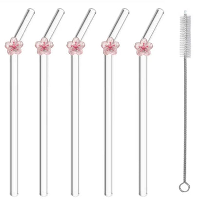 Pink Peach Blossom Curved Glass Straw