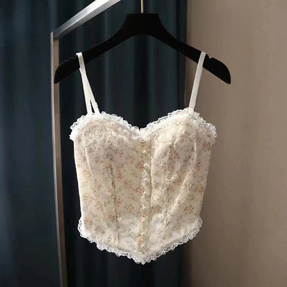 French Print Lace Cami Crop Tank Top