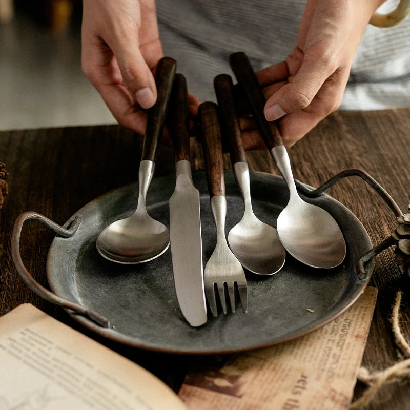 Retro Wooden Handle Dinner Knife Fork and Spoon Set