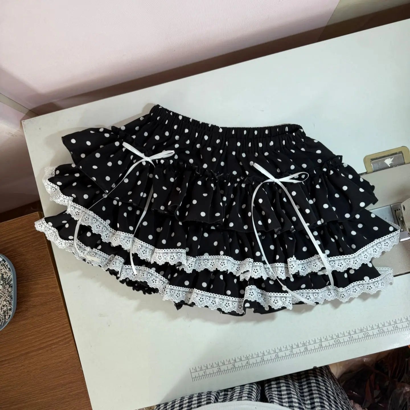 Polka Dot Tiered Ruffle Lace Trim Skirt