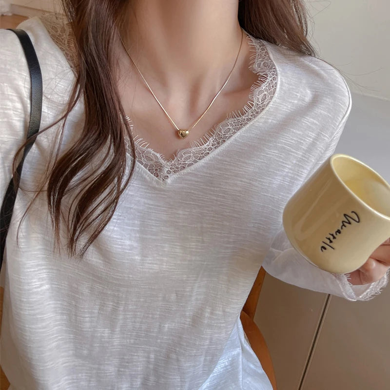 Camiseta Sexy de Encaje con Manga Larga para Mujer, Todo a Juego, Holgada, con Cuello en V, Jersey para Mujer, Primavera Otoño, Blusas Básicas de Color Sólido para Mujer