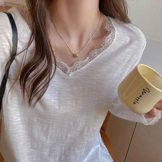 Camiseta Sexy de Encaje con Manga Larga para Mujer, Todo a Juego, Holgada, con Cuello en V, Jersey para Mujer, Primavera Otoño, Blusas Básicas de Color Sólido para Mujer