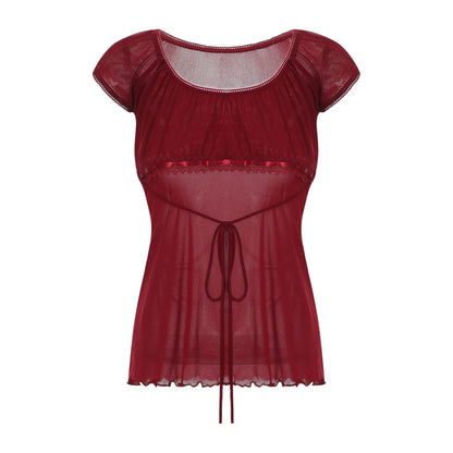 Lace Trim Cap Sleeve Low Cut Shirt