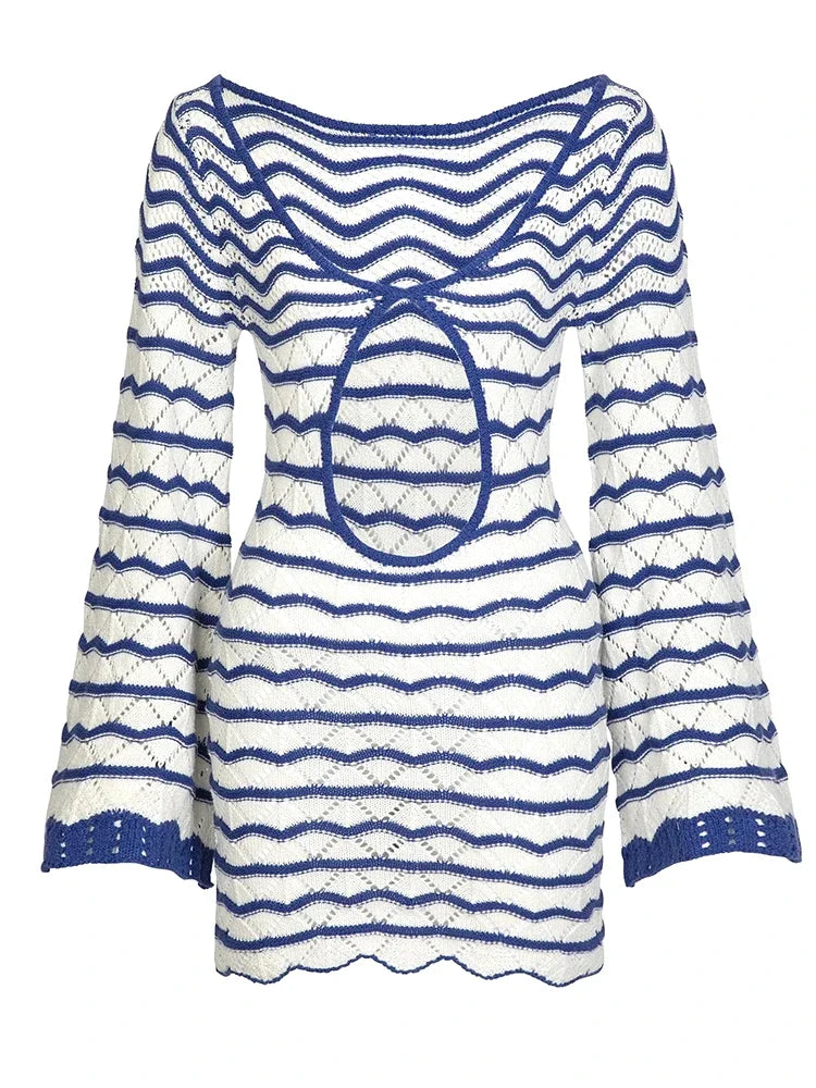 Striped V-neck Cut Out Bell Sleeve Knit Dress