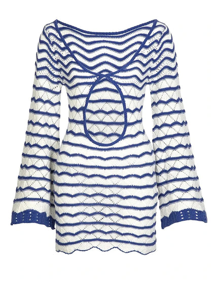 Striped V-neck Cut Out Bell Sleeve Knit Dress