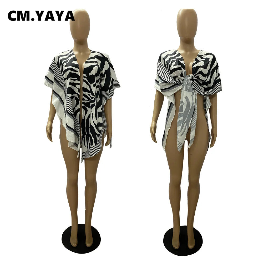 Zebra Striped Printed Tie Up Open Stitched Batwing Sleeve Shirt