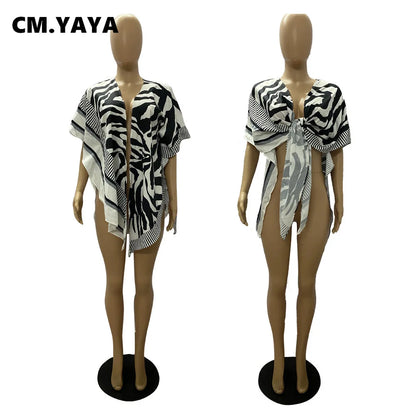 Zebra Striped Printed Tie Up Open Stitched Batwing Sleeve Shirt