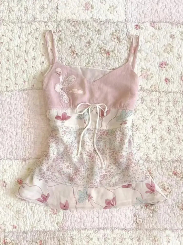 Top sin mangas con tirantes, floral y dulce