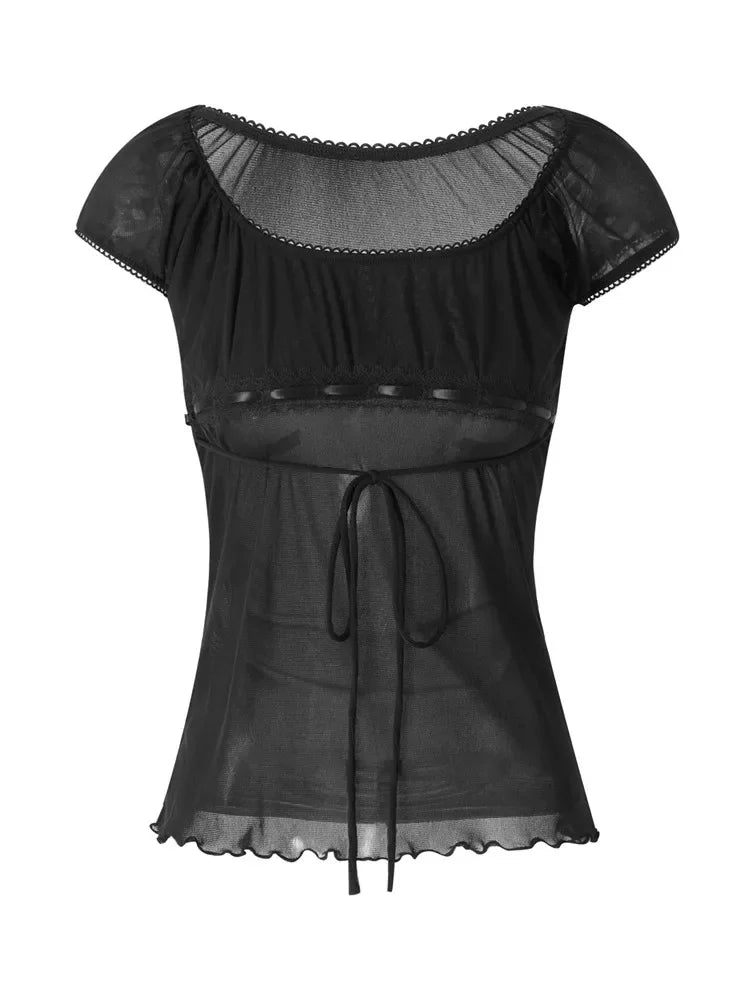 Lace Trim Cap Sleeve Low Cut Shirt