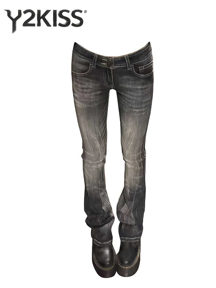 Vaqueros de mujer de tiro bajo acampanados de mezclilla negros estilo retro americano, vaqueros bootcut coreanos ajustados Y2k, vaqueros japoneses de campana Y2k