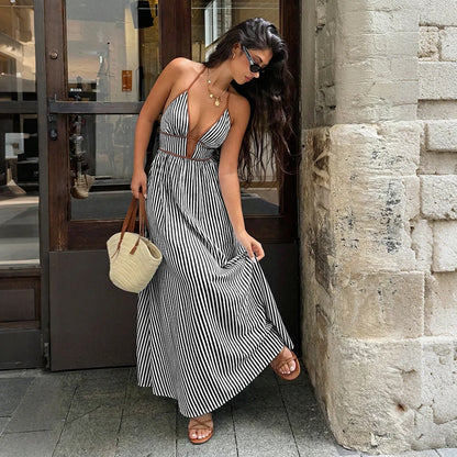 Deep V-neck Striped Beach Dress