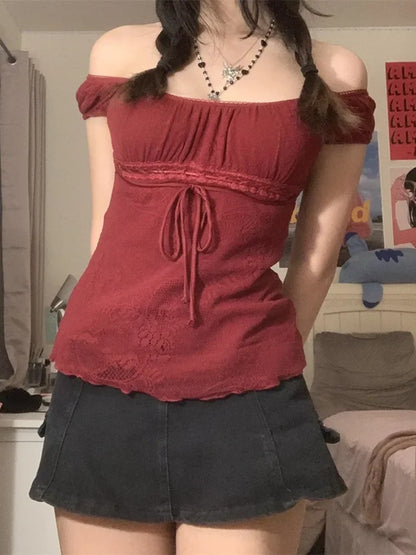 Lace Trim Cap Sleeve Low Cut Shirt