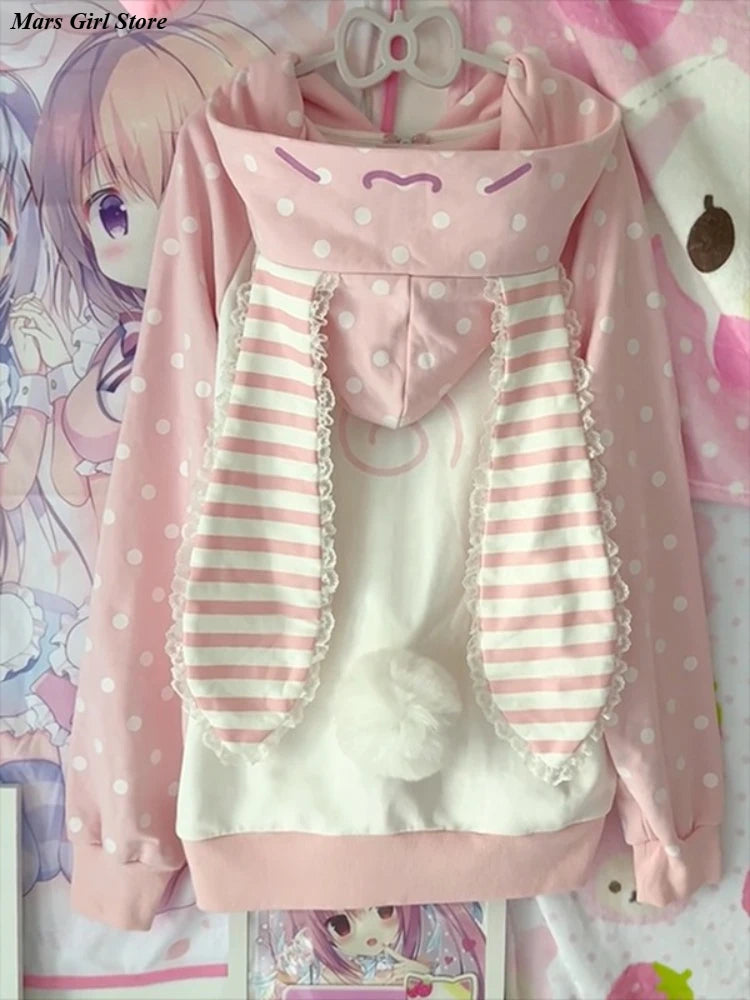 Abrigo japonés kawaii con orejas de conejo, para mujer, dulce, rosa, a rayas, con cremallera y capucha, estilo grunge, Y2k, Harajuku, sudadera con fresas