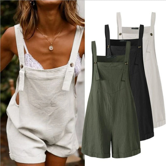 Pantalones Cortos Casuales De Mujer De Moda Con Tirantes Y Botones, Sin Mangas, Cuello Cuadrado, En Colores Blanco, Negro Y Verde Militar