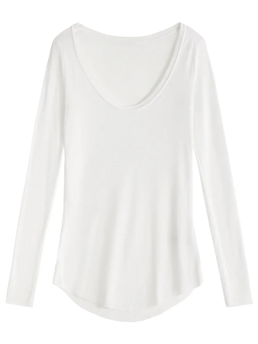 Camiseta de manga larga blanca sólida con cuello en U