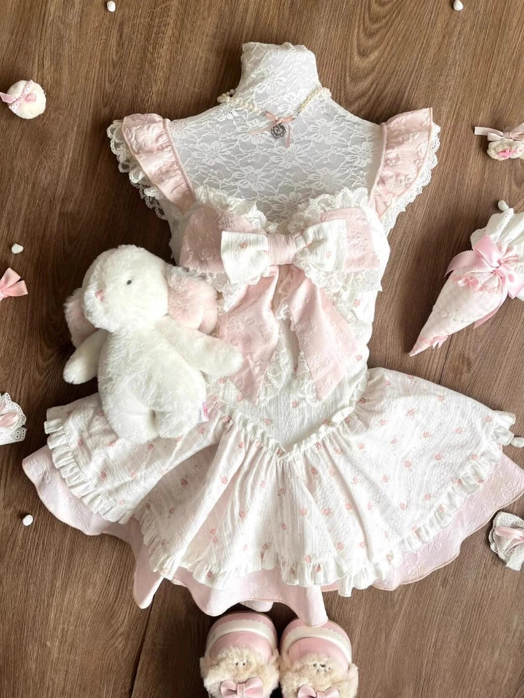 Floral Design Bow Patchwork Short Dress