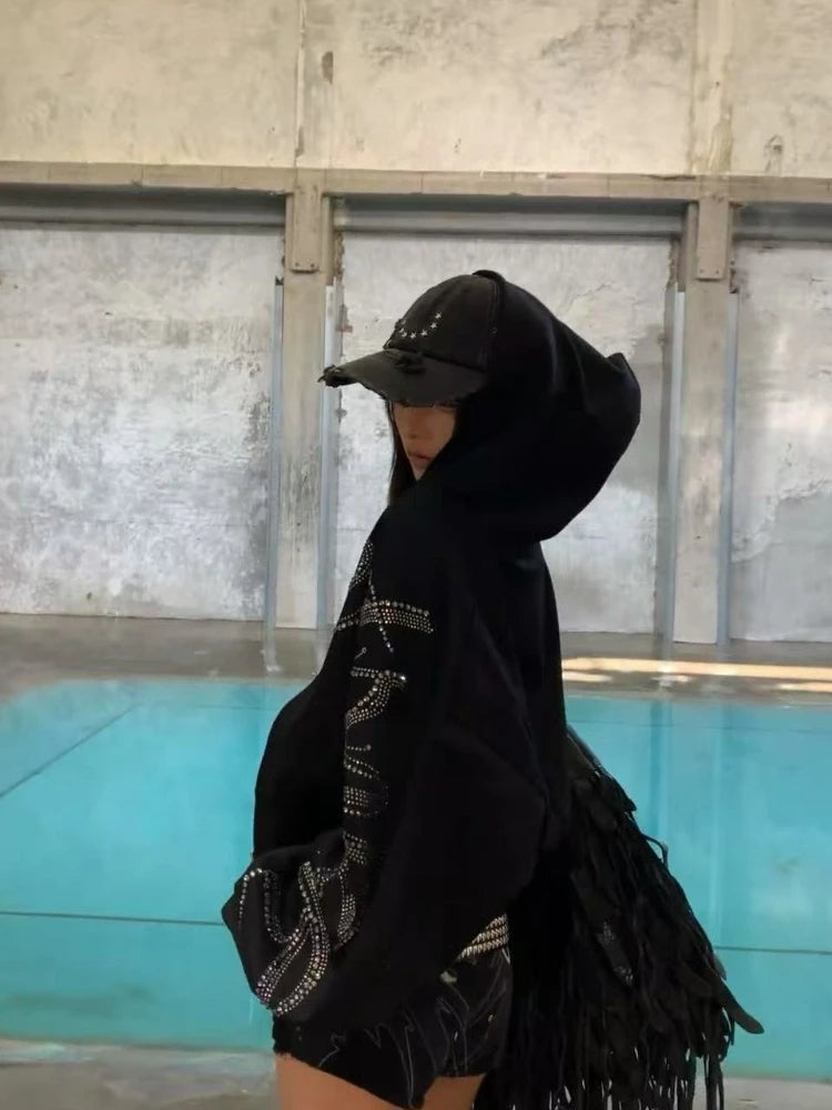 Chaqueta con capucha vintage de streetwear americano para mujer, manga larga, informal, con estampado de letras, estilo Y2k, abrigo retro con cremallera, novedad de otoño de 2025