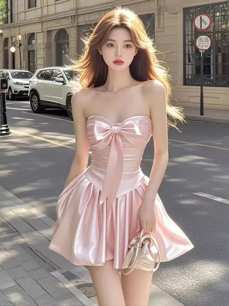 Satin Bow High Waist A-line Mini Strapless Dress