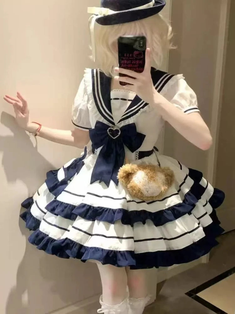 Lace Bow Sailor Collar Dress Set