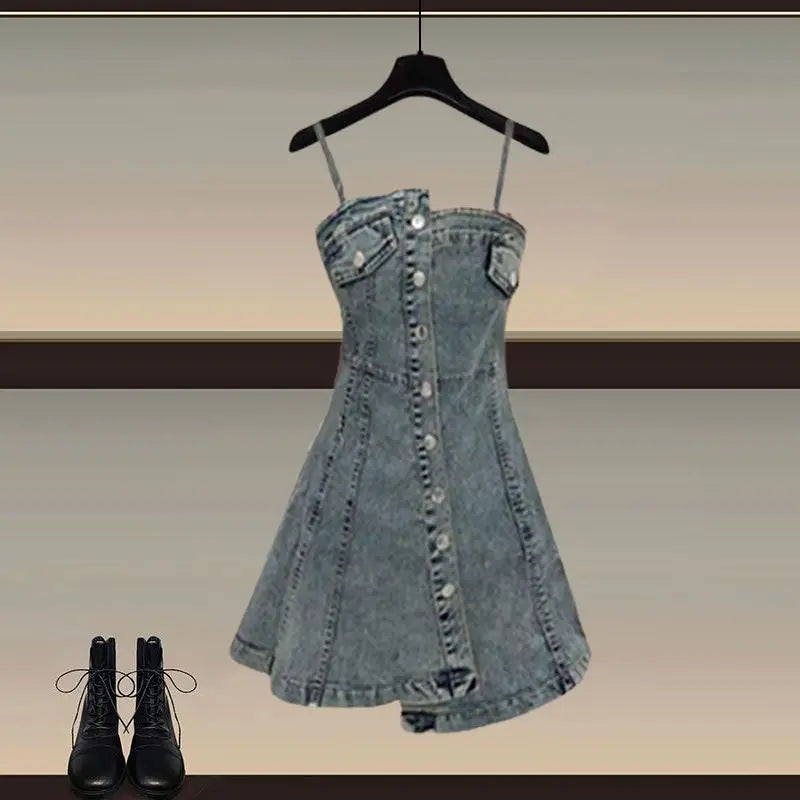 Conjunto de Top de Manga Larga Calado + Falda Vaquera de Tirantes