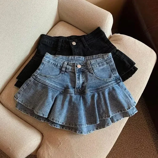 High-Waisted A-Line Denim Cake Skirt